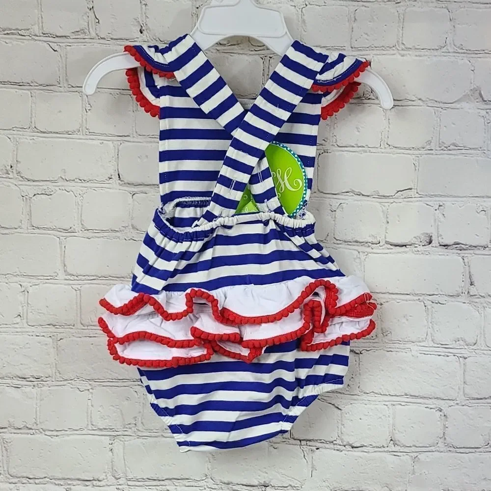 NWT Baby Girl American Flag Appliqué Striped Pom Ruffle Bubble Romper Outfit 3M